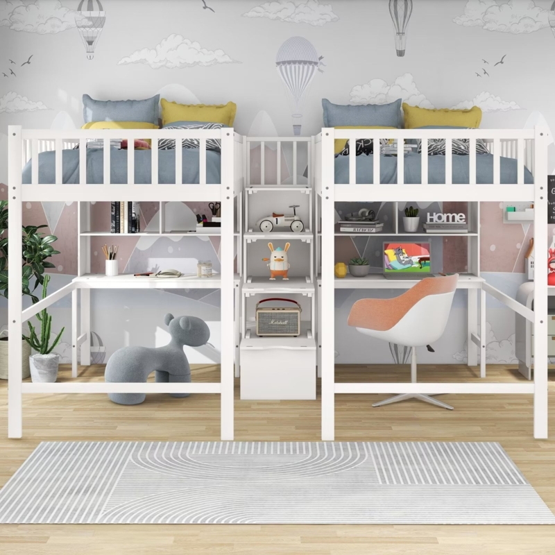 White Double Loft Bed with Dual Workstations and Stairs