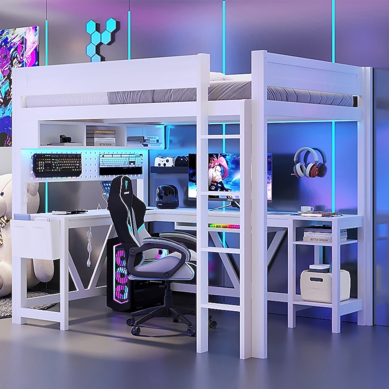 White Full Gaming Loft Bed with LED Accents Charging Station