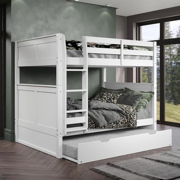 White Full Over Full Bunk Bed with Integrated Twin Trundle