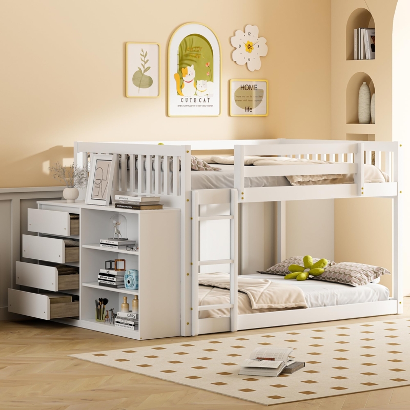 White Full Over Full Bunk Bed with Stairs, Drawers, and Shelves