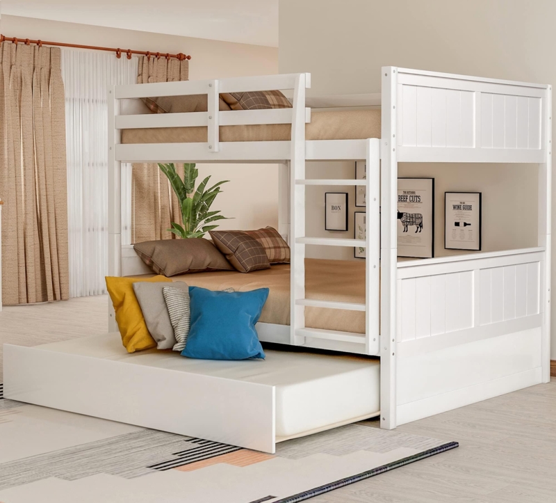 White Full Over Full Bunk Bed with Underbed Trundle Feature