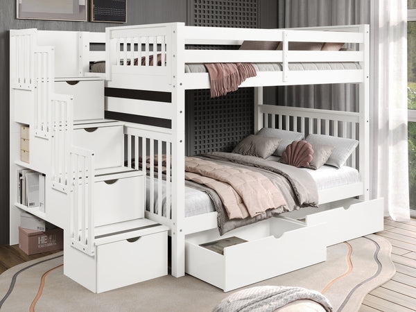 White Full Over Full Stairway Bunk Bed with Storage Drawers