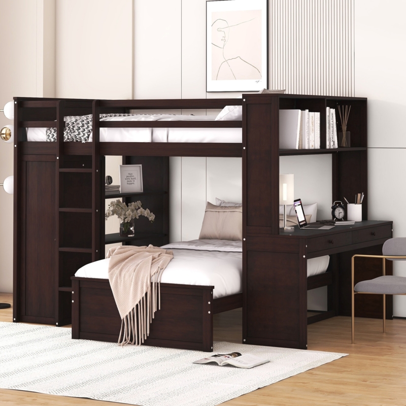 White Full Over Twin Bunk Bed with Wardrobe and Desk