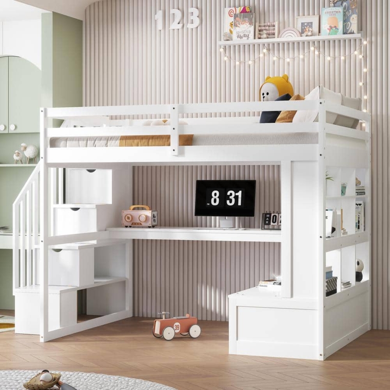 White Full Size Loft Bed with Desk and Storage Staircase