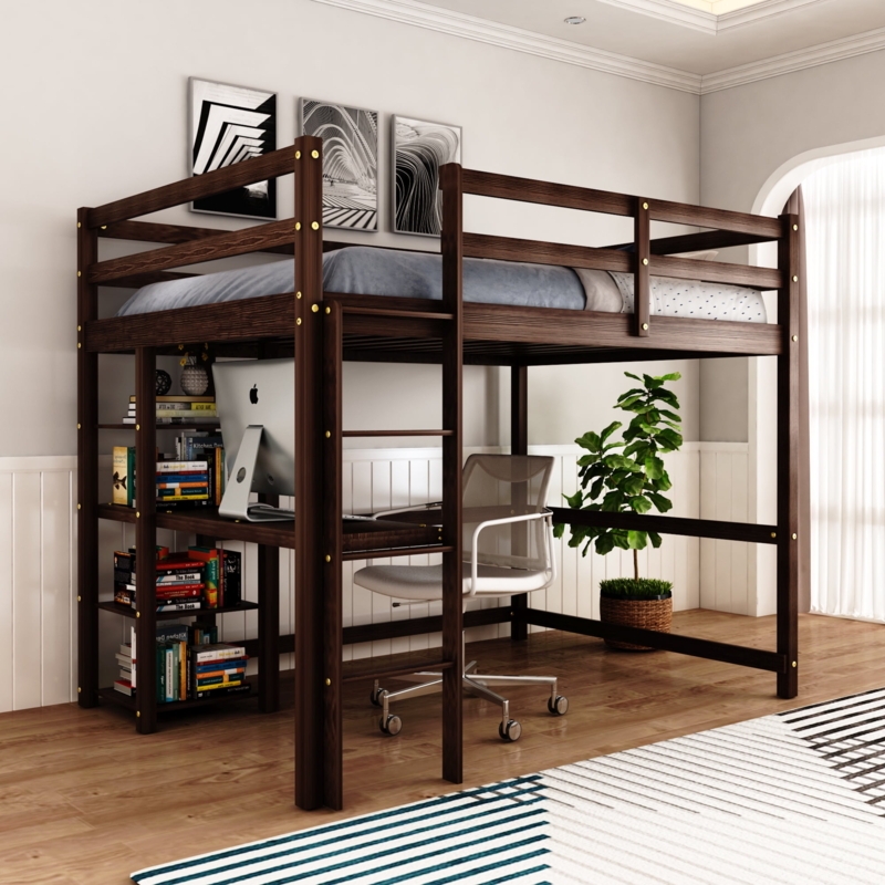 White Full Size Loft Bed with Integrated Desk and Shelving