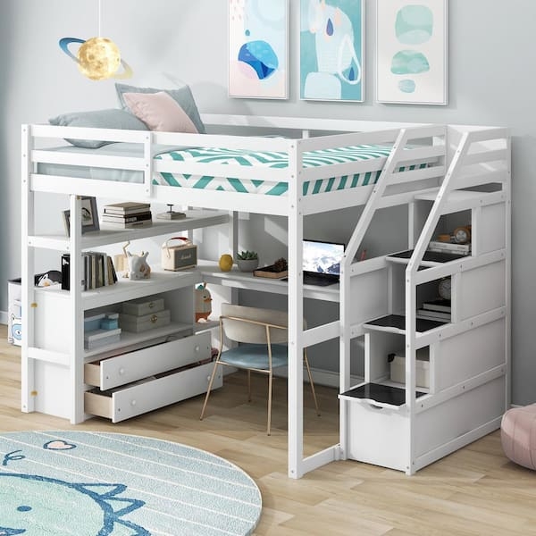 White Full Size Loft Bed with Integrated Workstation Stairs