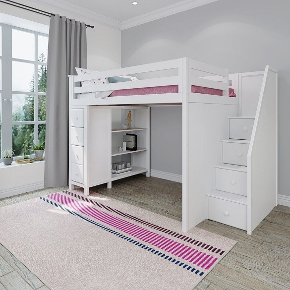 White Full Size Loft Bed with Storage Stairs and Slatted Guardrails.
