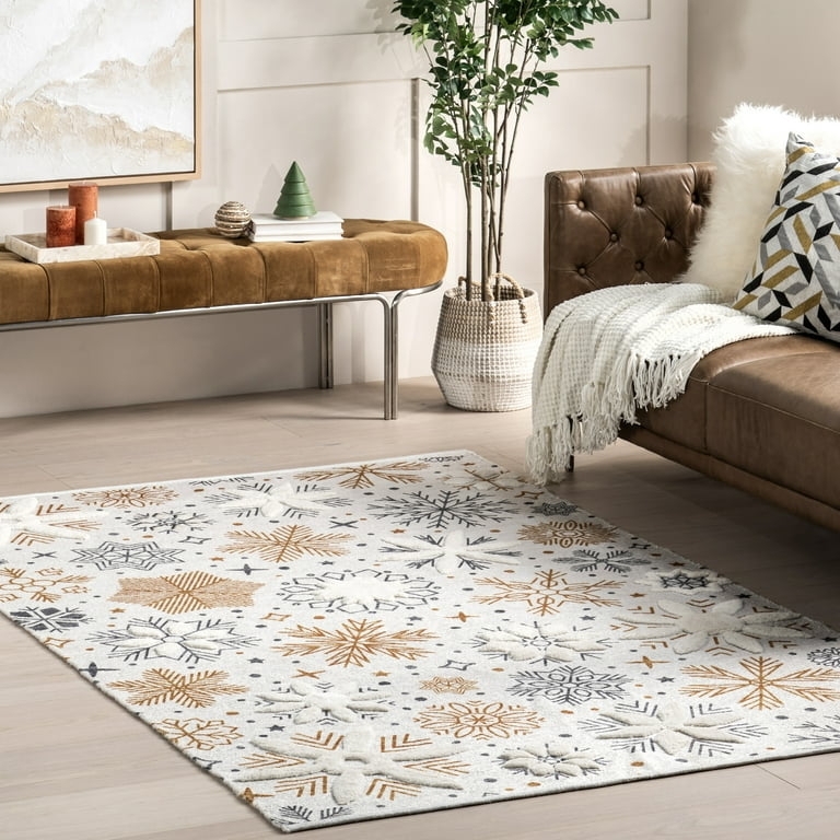 White Geometric Area Rug Snowflake Motif High Low Pile Scandinavian Decor