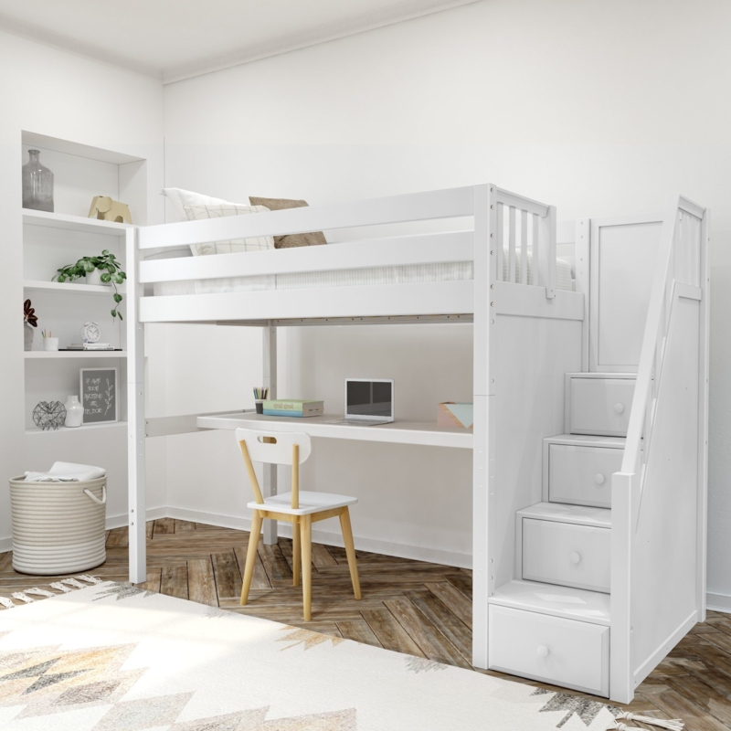 White Kids Loft Bed with Full-Length Desk and Integrated Storage Stairs