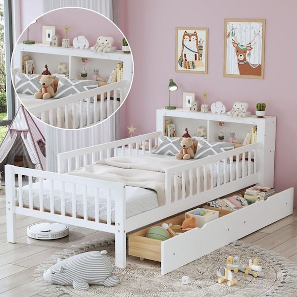 White Kids Platform Bed with Headboard Rack and Underbed Storage Drawers
