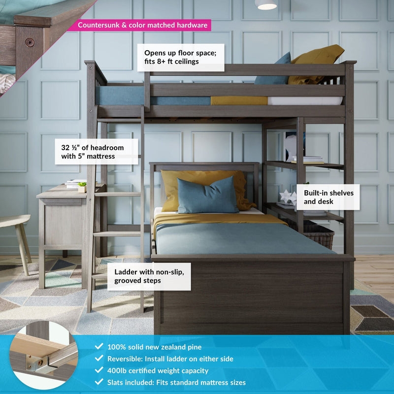 White L-Shaped Bunk Bed with Integrated Desk and Built-In Bookcase