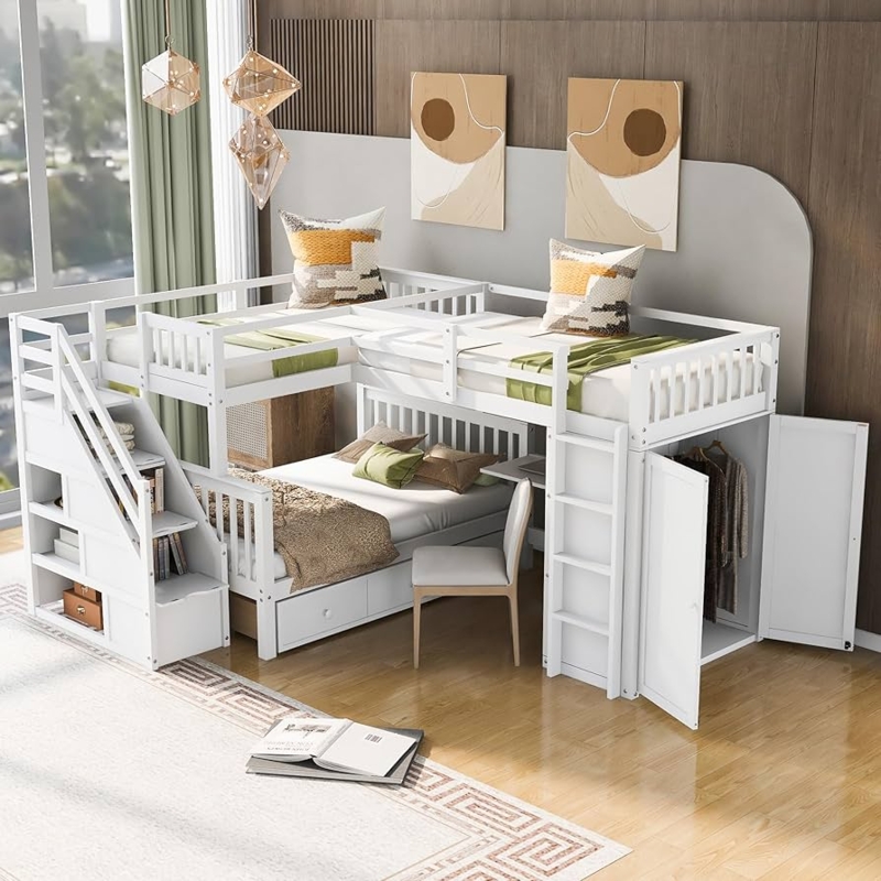 White L-Shaped Bunk System with Desk Wardrobe and Stairs