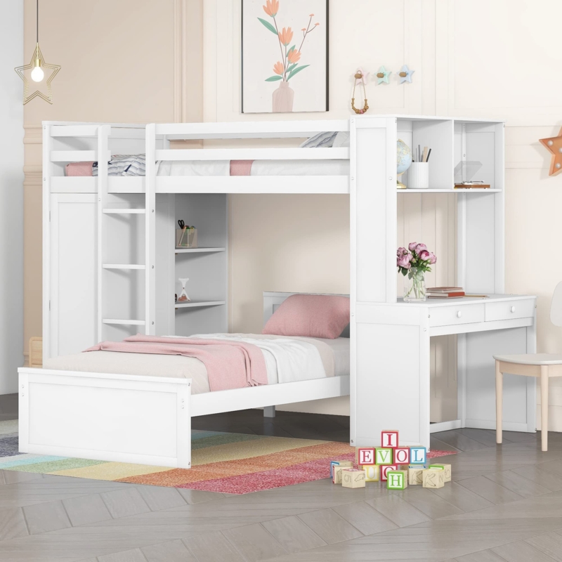White L-Shaped Loft Bunk Bed with Integrated Desk and Wardrobe