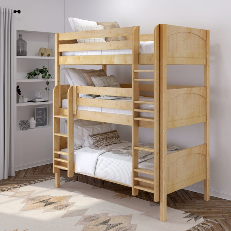 White L-Shaped Triple Bunk Bed with Slatted Guardrails for Kids