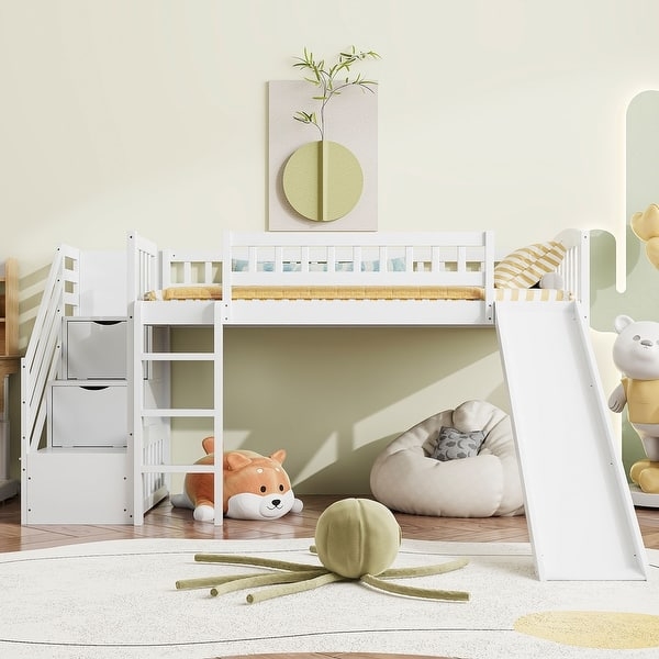 White Loft Bed Finish Integrated Slide Storage Stairs Playful