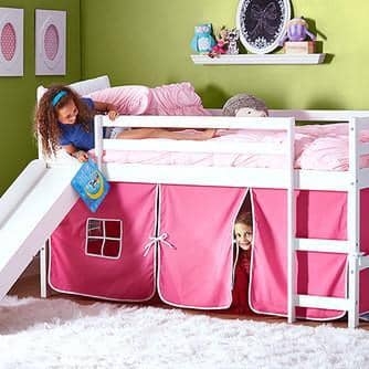 White Loft Bed for Girls, Integrated Slide & Pink Star Pattern Play Tent