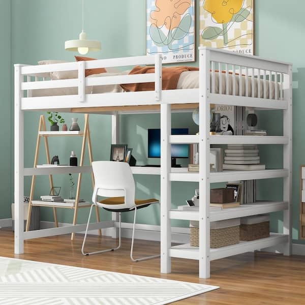 White Loft Bed Full Size Integrated Workstation Shelving Unit