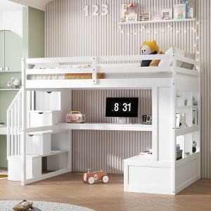 White Loft Bed Full Size with L-Shaped Desk and Stairs