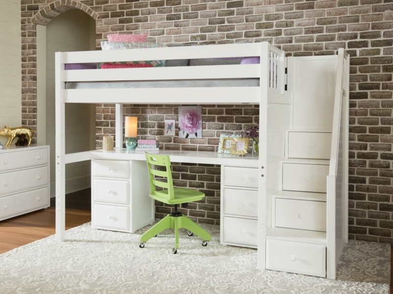 White Loft Bed Integrated Workstation, Two Storage Chests Below.