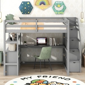 White Loft Bed with Desk & Storage Stairs, Minimalist Design