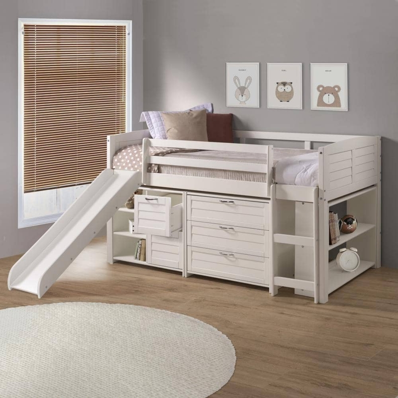 White Loft Bed with Grey Playhouse Base, Angled Slide, and Ladder