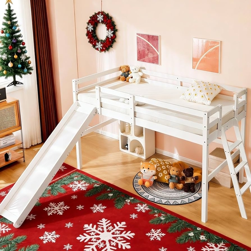 White Loft Bed with Integrated Slide and Ladder for Kids
