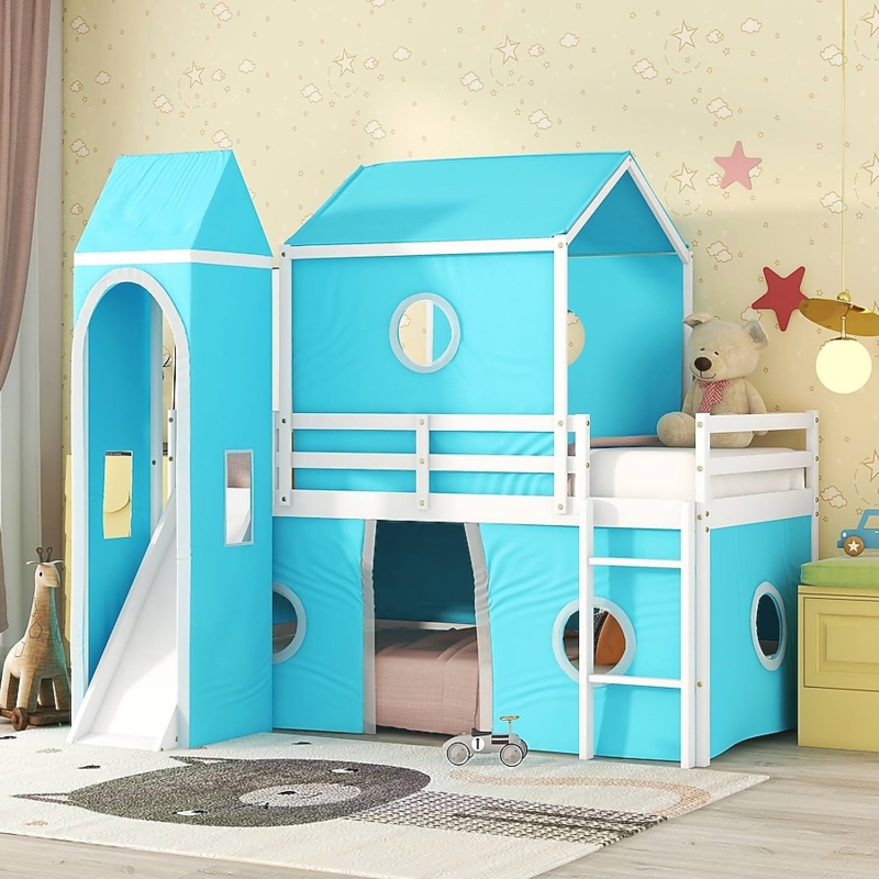 White Loft Bed with Slide, Blue Castle Tent Cover & Built-in Ladder