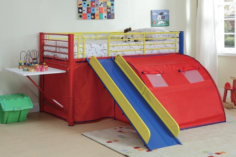 White Loft Bed With Slide Tent And Primary Color Curtains