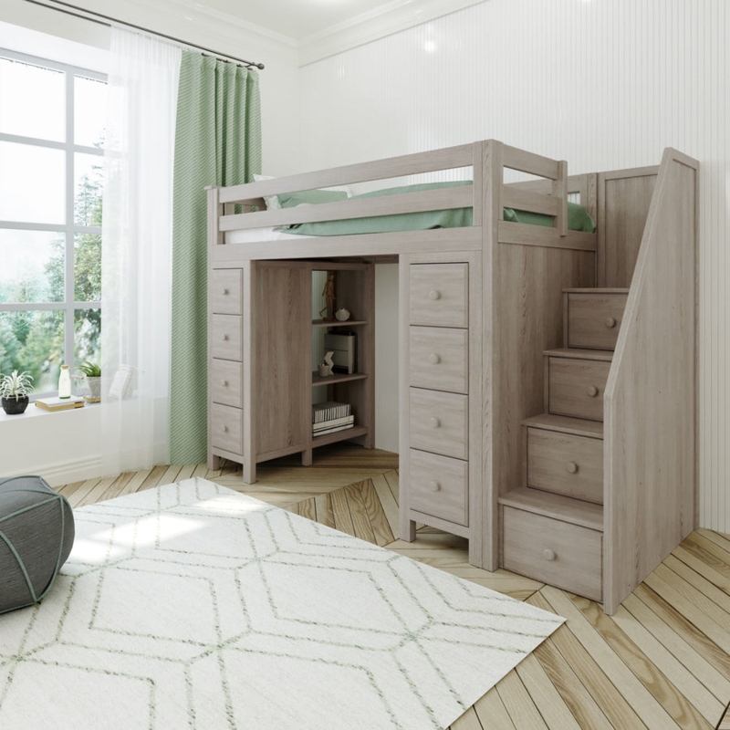 White Loft Bed with Stairs, Drawers and Under Bed Dresser