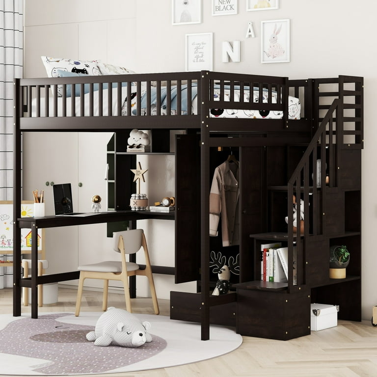 White Loft Bed with Stairs, Integrated Wardrobe, Multifunctional Bedroom.