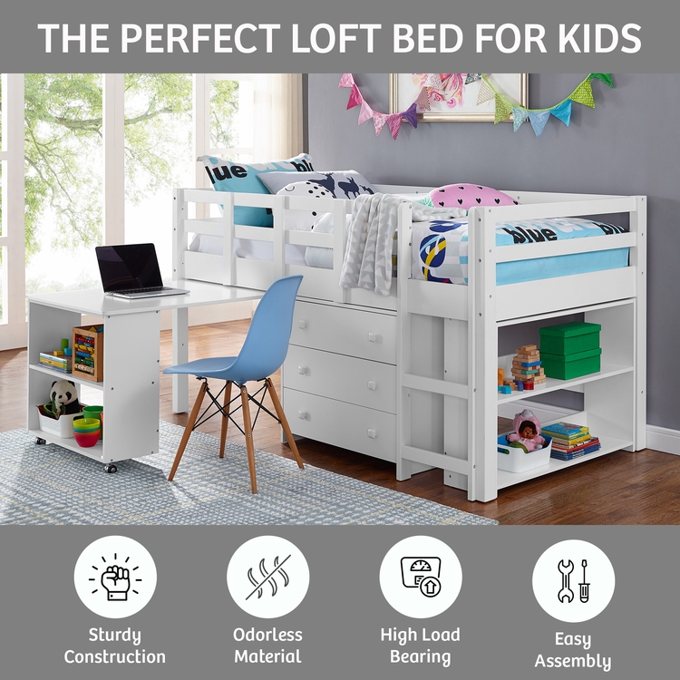 White Low Loft Bed with Modular Storage, Scandinavian Style