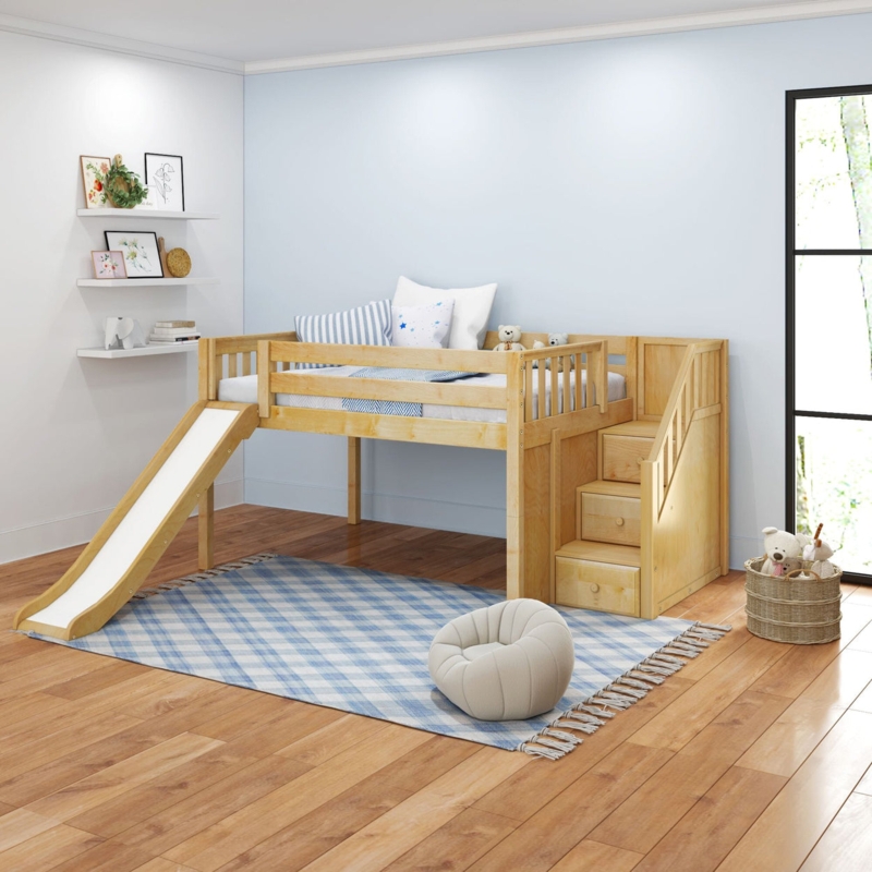 White Low Loft Bed with Slide and Integrated Staircase