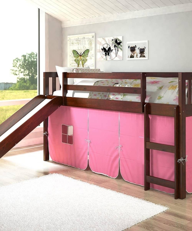 White Low Loft Bed with Slide and Pink Fabric Play Tent