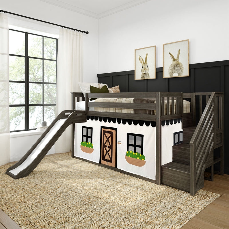 White Low Loft Bed with Slide, Storage Stairs and Play Curtains