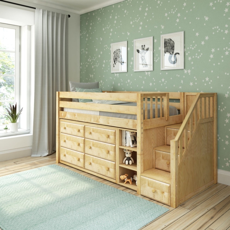 White Low Loft Bed with Storage Stairs and Open Under-Bed Play Nook