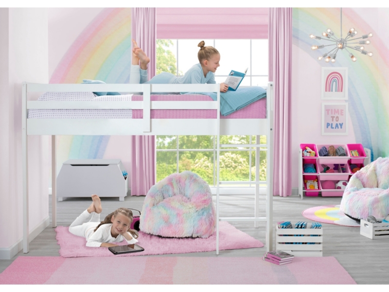 White Low Loft Bed Wood Frame with Under Bed Nook and Ladder Scandinavian