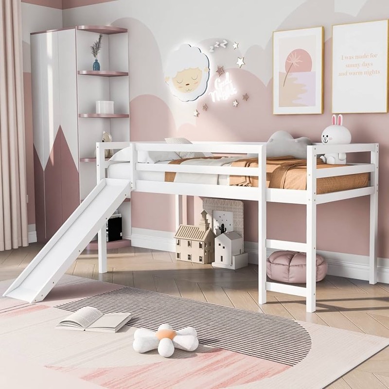 White Low Profile Loft Bed with Slide and Built-In Ladder