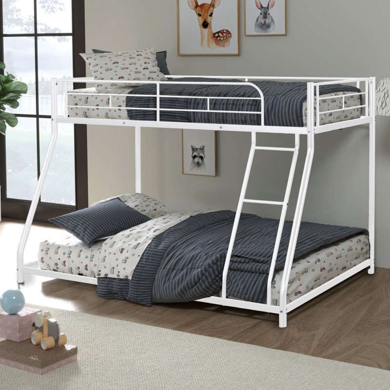 White Metal Bunk Bed Twin Over Full, Vertical Slat Detailing Design