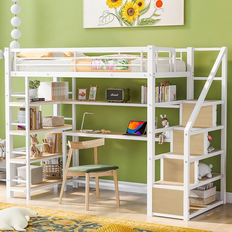 White Metal Loft Bed with Storage Stairs and Integrated Desk