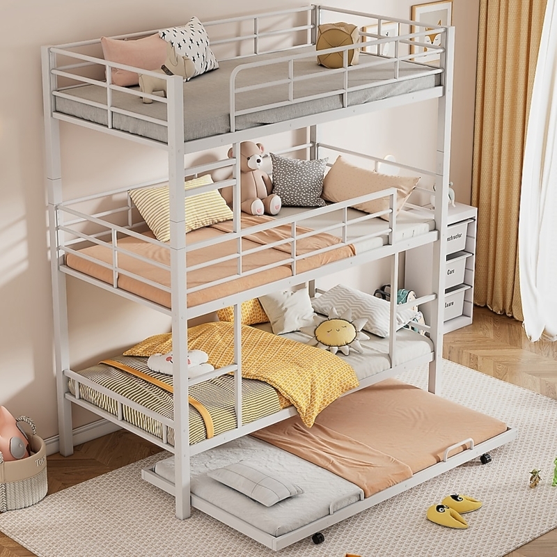 White Metal Triple Bunk Bed with Integrated Trundle