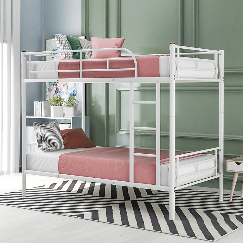 White Metal Twin Bunk Bed with Slanted Ladder
