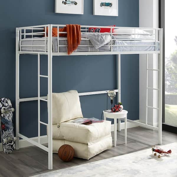 White Metal Twin Loft Bed Frame with Desk & Shelf