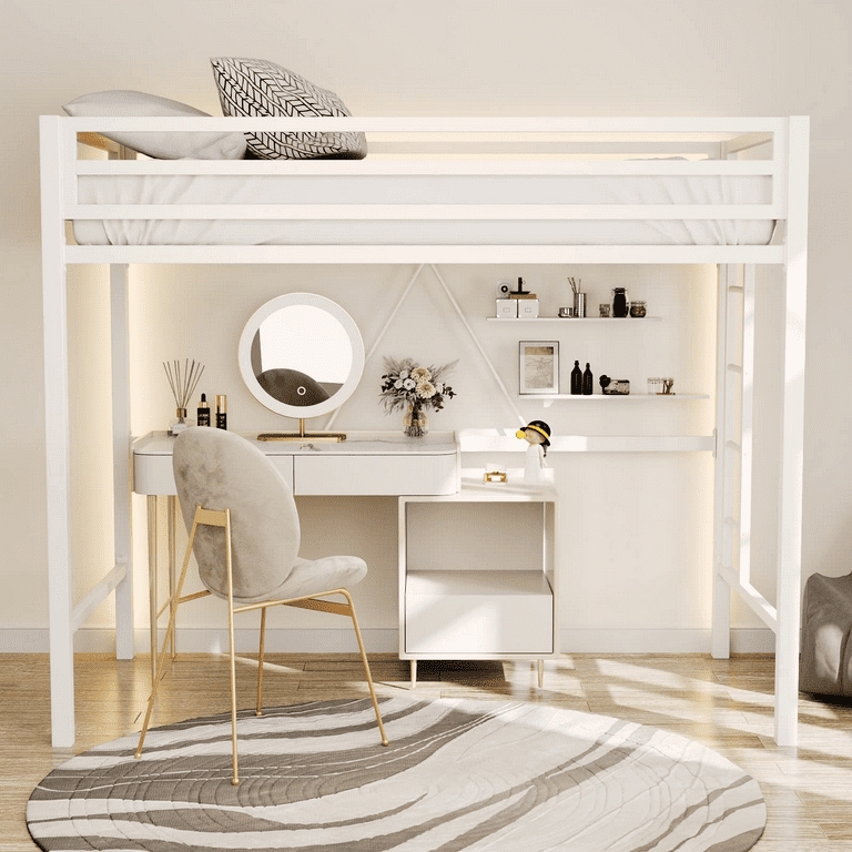 White Metal Twin Loft Bed with Integrated Desk and Slanted Ladder.