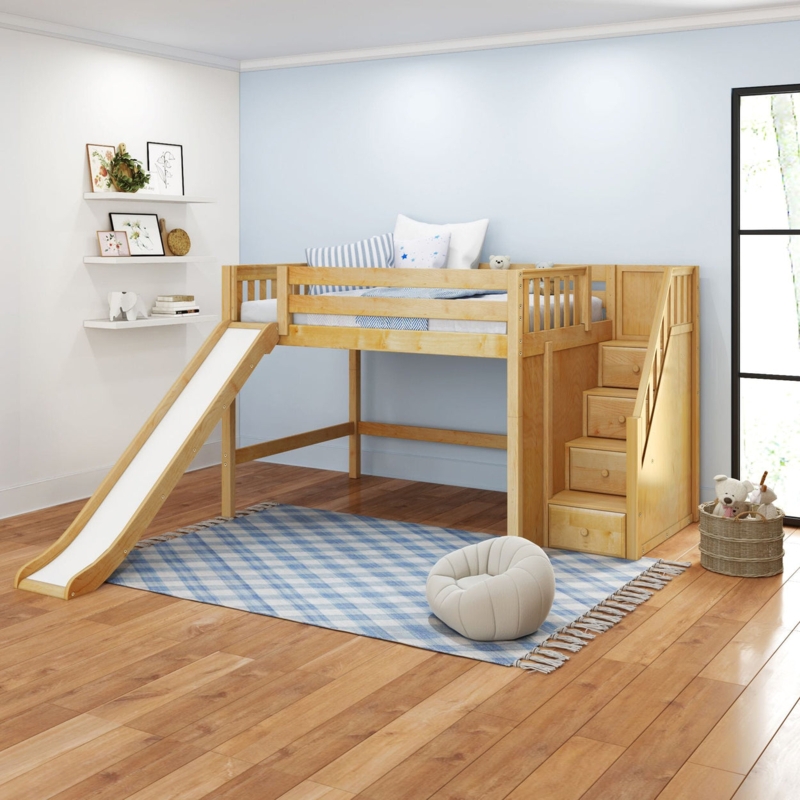 White Mid Loft Bed with Staircase Entry and Integrated Play Slide