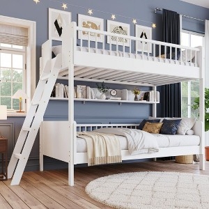 White Minimalist Bunk Bed with Integrated Shelves and Compact Ladder