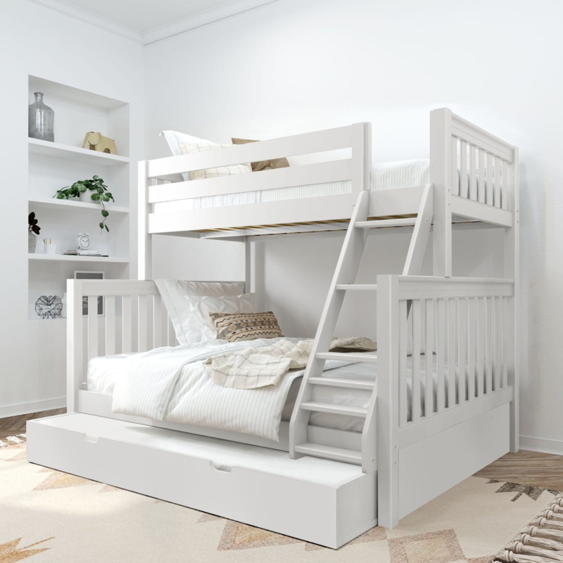 White Mission Bunk Bed with Trundle and Angled Ladder