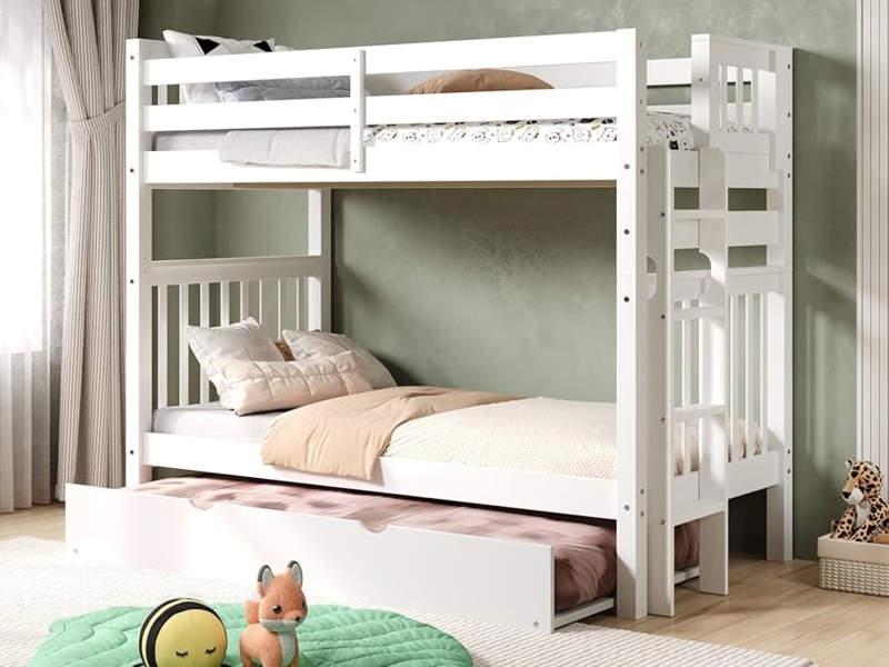 White Mission Style Bunk Bed with End Ladder and Trundle