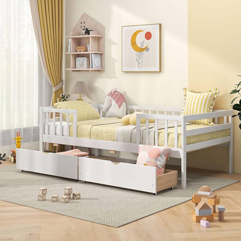 White Montessori Kids Bed with Side Shelf and Underbed Storage Drawers