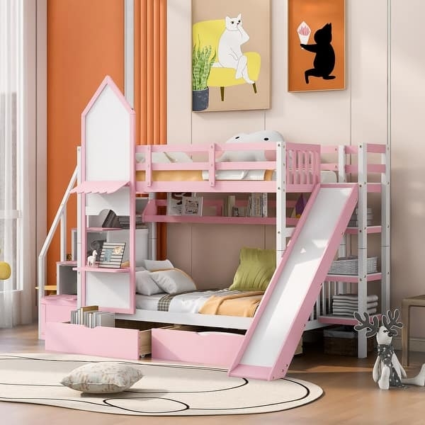 White & Pink Castle Bunk Bed with Slide & Staircase Storage