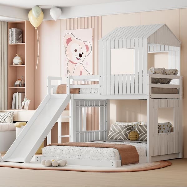 White Playful House Bunk Bed with Slide and Window Cutouts